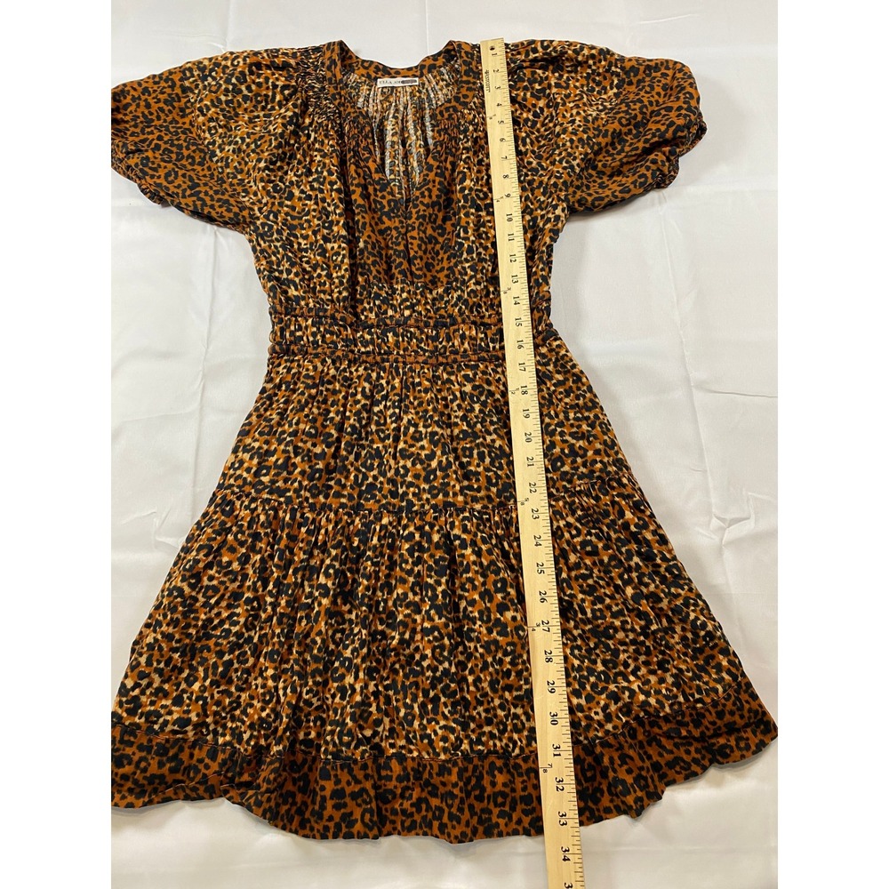 Ulla Johnson Leopard Print Mini Dress Brown V-Neck Puff Sleeve Smocked Waist 2 - Picture 14 of 15